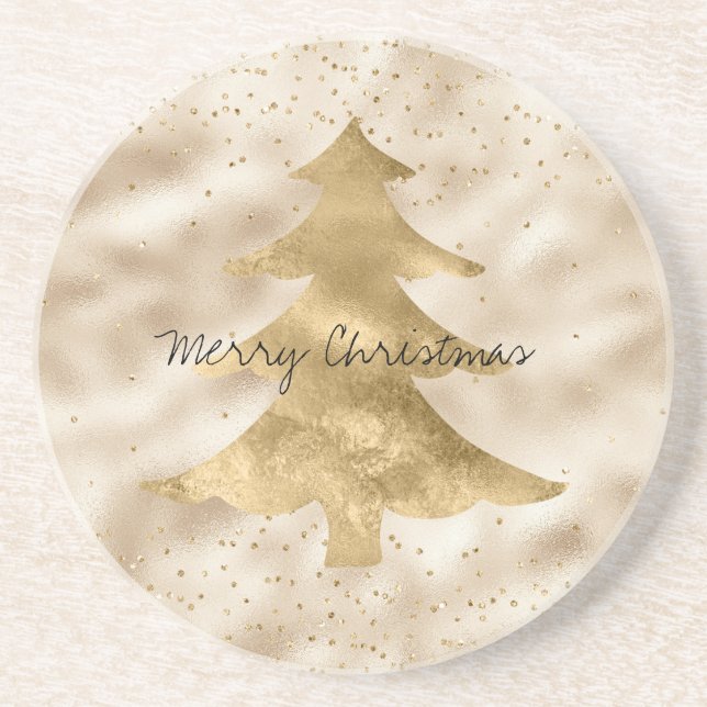 Pretty Glam Gold Sparkle Dots Christmas Tree      Coaster (Front)