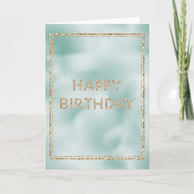 Pretty Glam Mint Green Gold Glitter Birthday Card (Front)