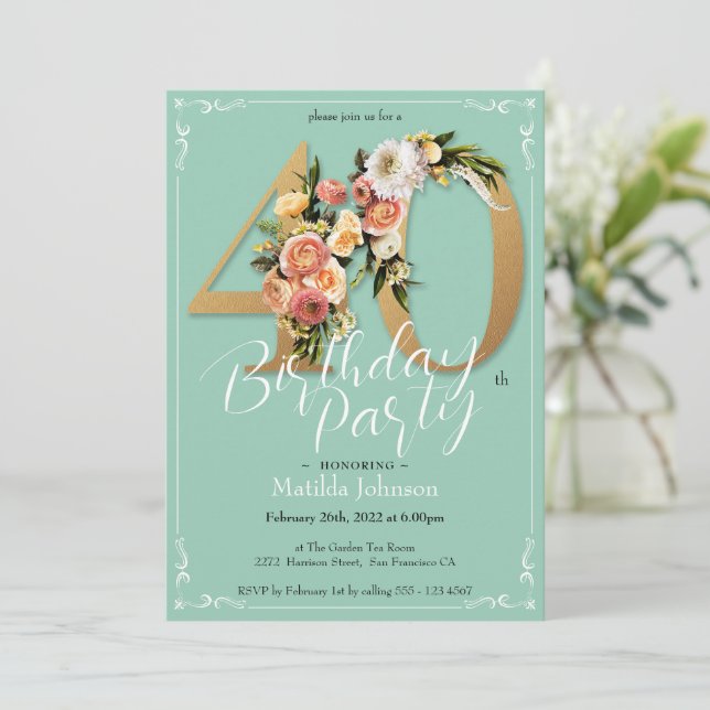 Pretty Glamourous Gold Mint Floral 40th Birthday Invitation (Standing Front)