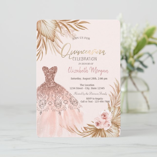 Pretty Glitter Dress Boho Flowers Quinceañera  Invitation (Standing Front)