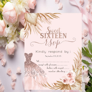 Pretty Glitter Dress,Pampas, Pink Sweet 16 RSVP Invitation