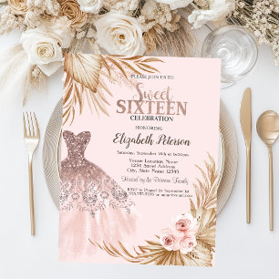 Pretty Glitter Drips,Dress,Pampas, Pink Sweet 16   Invitation