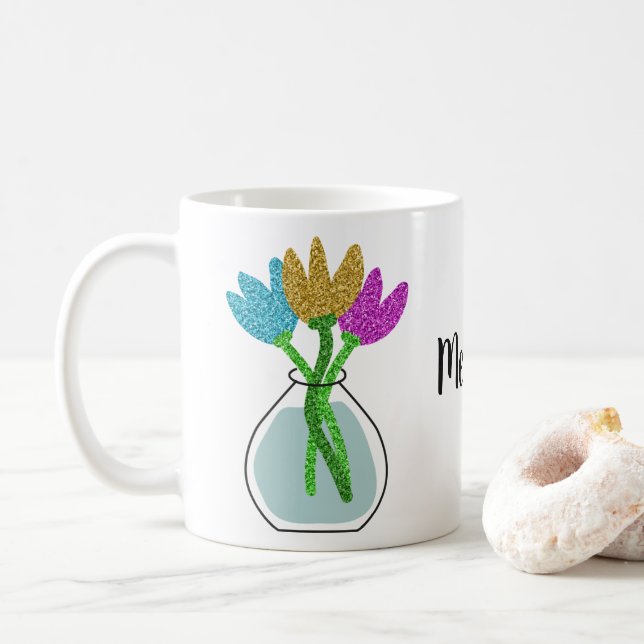 Pretty Glitter Flowers Personalised  Coffee Mug (With Donut)