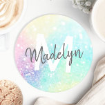 Pretty Glitter Holographic Iridescent Girly Round Paper Coaster<br><div class="desc">A trendy pretty chic bokeh glitter background in beautiful pastel colours. You can easily personalise with your custom monogram and/or name.</div>