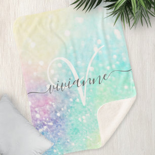 Pretty Glitter Holographic Iridescent Girly Sherpa Blanket
