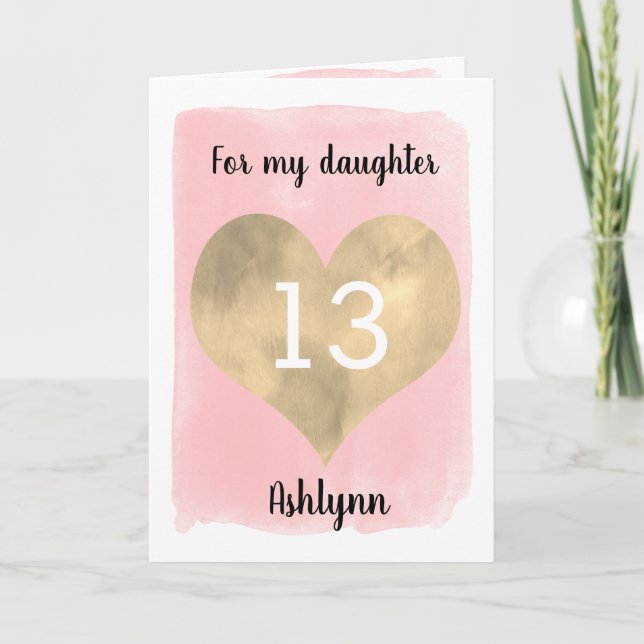 Pretty Gold and Pink 13th Birthday Daughter Card (Front)