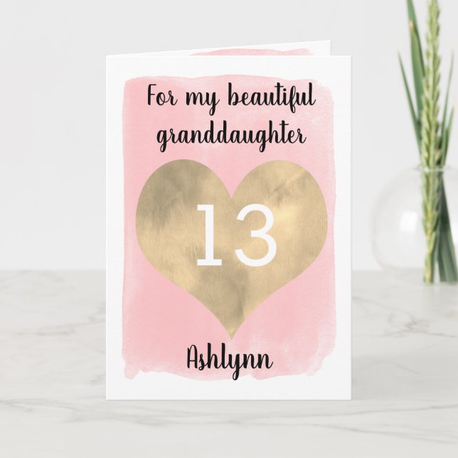 Pretty Gold and Pink 13th Birthday Granddaughter Card (Front)