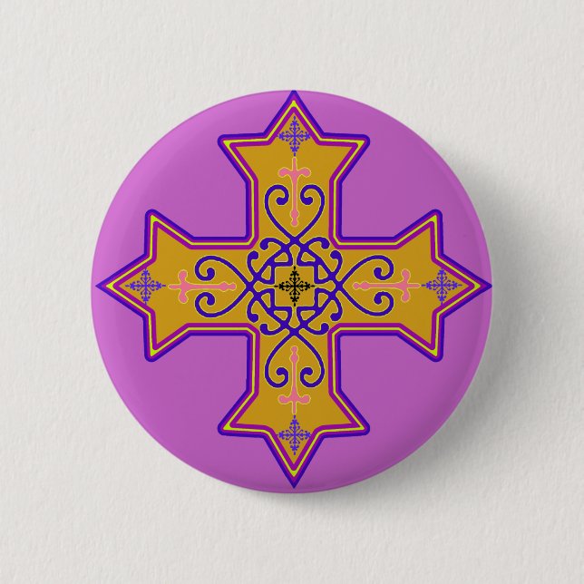 Pretty Gold and Pink Coptic Cross 6 Cm Round Badge (Front)