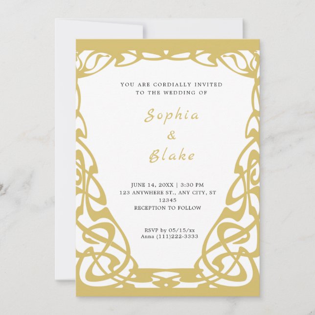 Pretty Gold and White Art Deco Wedding Invitation (Front)