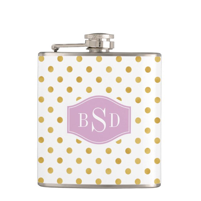 Pretty gold and white polka dots patterns monogram hip flask (Front)