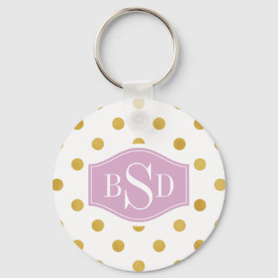 Pretty gold and white polka dots patterns monogram key ring