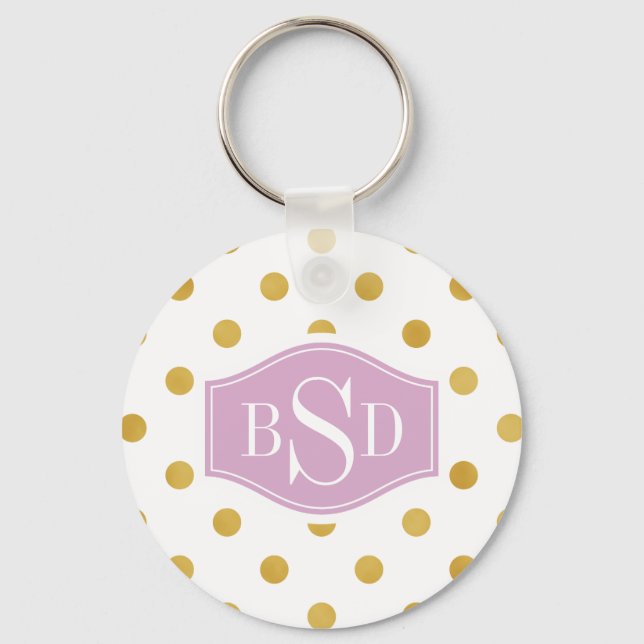 Pretty gold and white polka dots patterns monogram key ring (Front)