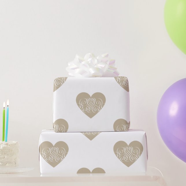 Pretty Gold / Beige Heart with White Filigree  Wrapping Paper (Party Gifts)