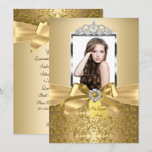 Pretty Gold Bow & Tiara Quinceanera Invitation