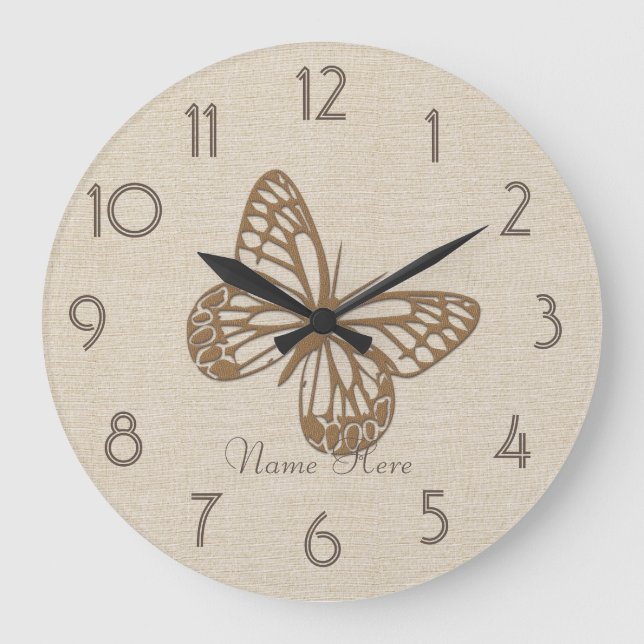 Pretty Gold Butterfly Linen Add Name Wall  Clock (Front)