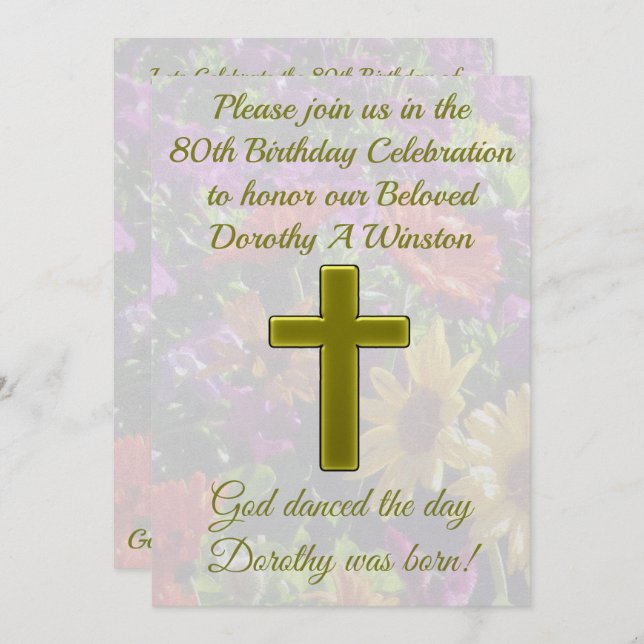PRETTY GOLD CROSS 80TH BIRTHDAY INVITATION (Front/Back)