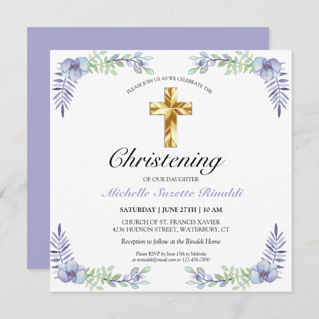Pretty Gold Cross Lavender Floral Christening  Card (Front/Back)
