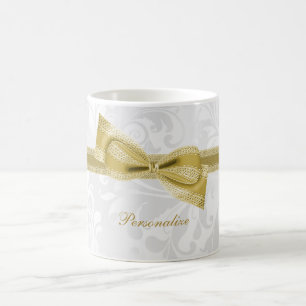 Pretty Gold Faux Bow & Ribbon & Damask Coffee Mug