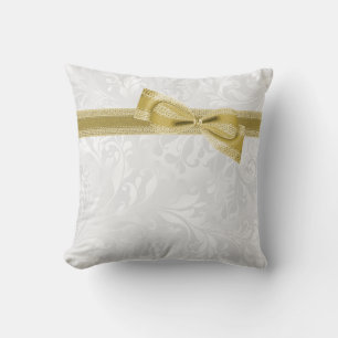Pretty Gold Faux Bow & Ribbon & Damask Cushion