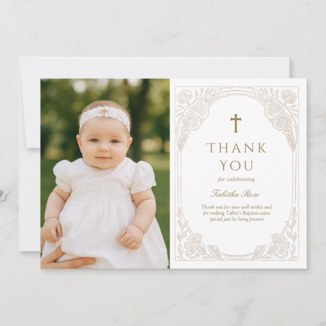 Pretty Gold Floral Baptism Thank You Card (Front)