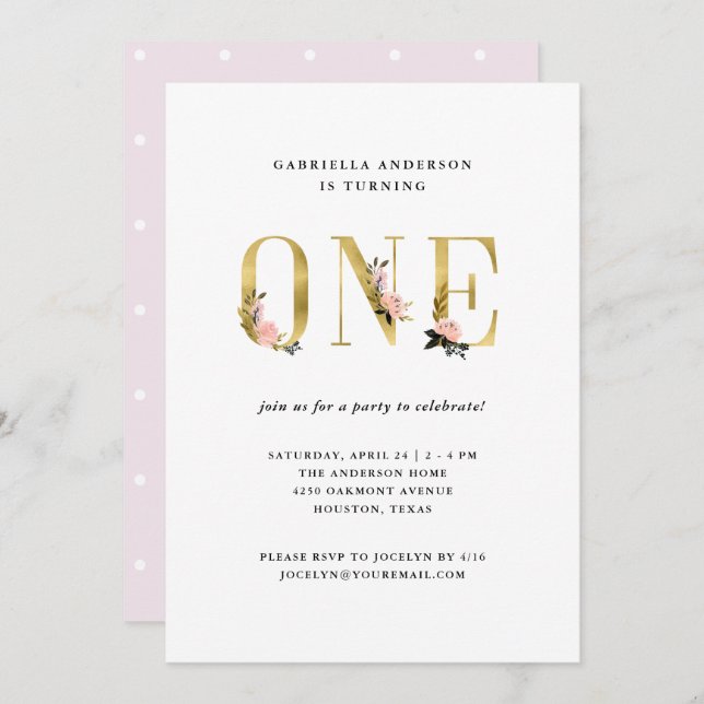 Pretty Gold Floral Text | First Birthday Party Invitation (Front/Back)