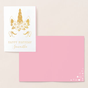 Pretty Gold Floral Unicorn Happy Birthday Foil Card