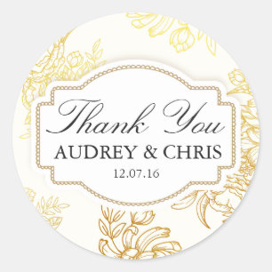Pretty Gold Flower Frame Thank You Wedding Sticker