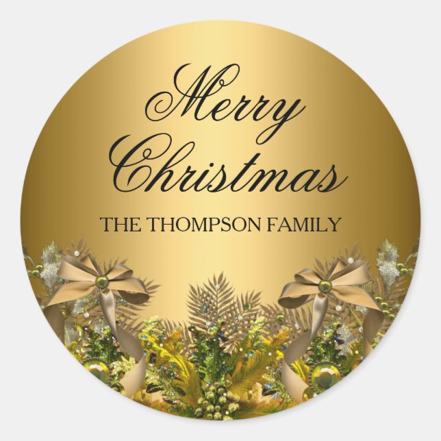 Pretty Gold Foliage & Bow Christmas Sticker (Front)