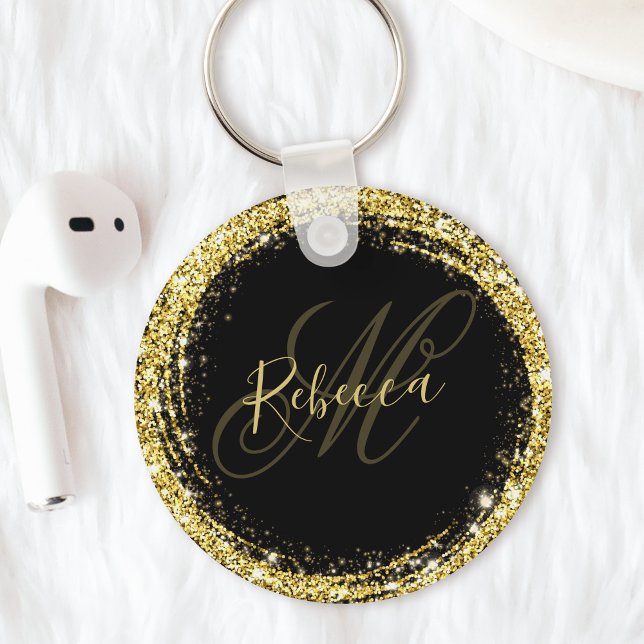 Pretty Gold Glitter Monogram Name Black Glam Key Ring (Creator Uploaded)