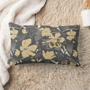 Pretty Gold Grey Floral Pattern Lumbar Cushion