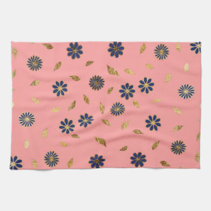 Pretty Gold Navy Blue Pink Flowers and Leaves Tea Towel