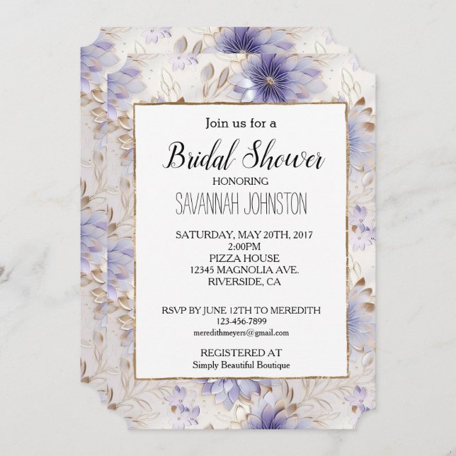Pretty Gold Pearl Purple Flowers Bridal Shower Invitation (Front/Back)