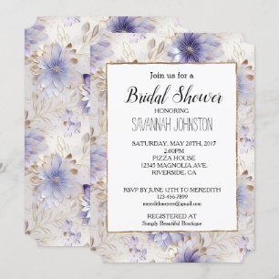 Pretty Gold Pearl Purple Flowers Bridal Shower Invitation