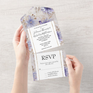 Pretty Gold Pearl White Purple Flowers All In One Invitation