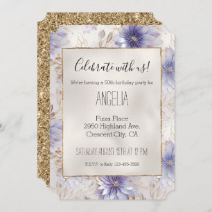 Pretty Gold Pearl White Purple Flowers Invitation