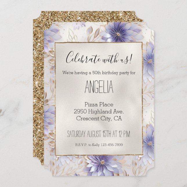 Pretty Gold Pearl White Purple Flowers Invitation (Front/Back)