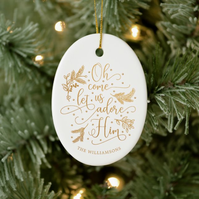 Pretty Gold Pine |  Oh Come Let us Adore | Name Ceramic Ornament (Tree)