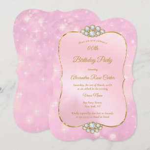 Pretty Gold Pink Diamond Birthday Party Invitation