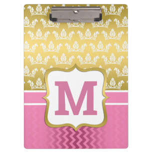 Pretty Gold Princess Crowns and Pink Chevron Clipboard