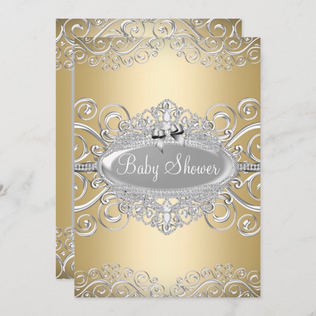 Pretty Gold & Silver Damask Princess Baby Shower Invitation (Front/Back)