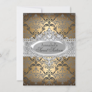 Pretty Gold & Silver Damask Sweet 16 Invite