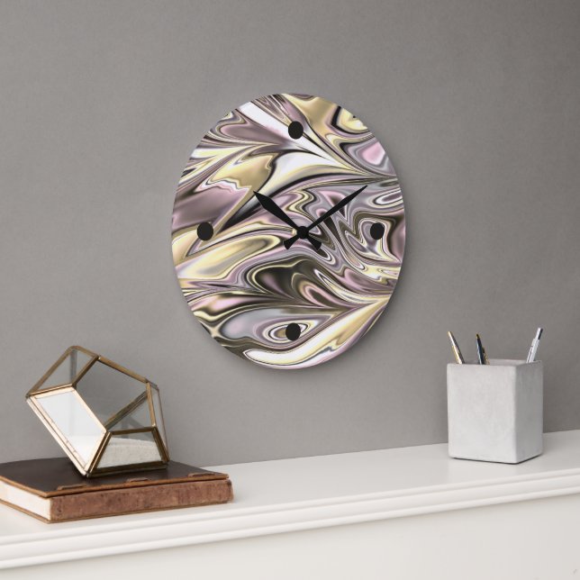 Pretty Gold Silver Grey Pink Waves Art Pattern Large Clock (Office)