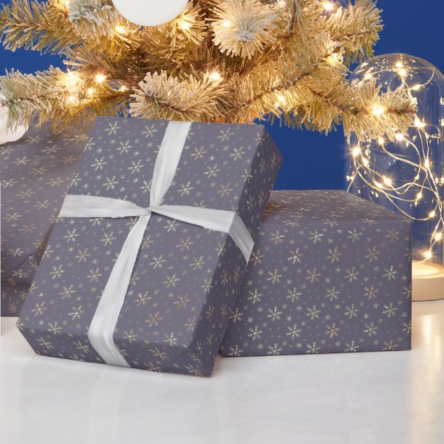 Pretty Gold Snowflakes Dusty Blue Christmas Wrapping Paper (Holidays)