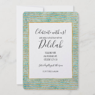 Pretty Gold Sparkle Aqua Watercolor Stripes Invitation