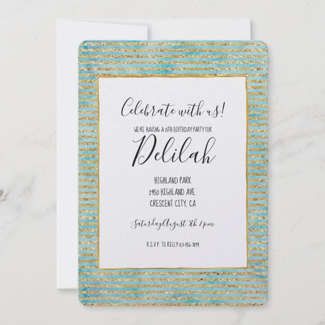 Pretty Gold Sparkle Aqua Watercolor Stripes Invitation (Front)