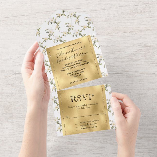 Pretty Gold White Flowers   All In One Invitation (Tearaway)