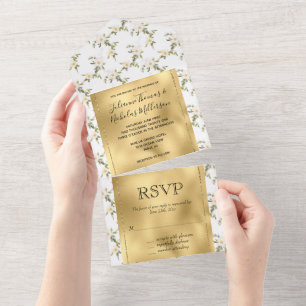 Pretty Gold White Flowers   All In One Invitation