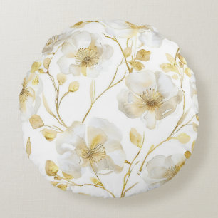 Pretty Gold White Flowers Round Cushion