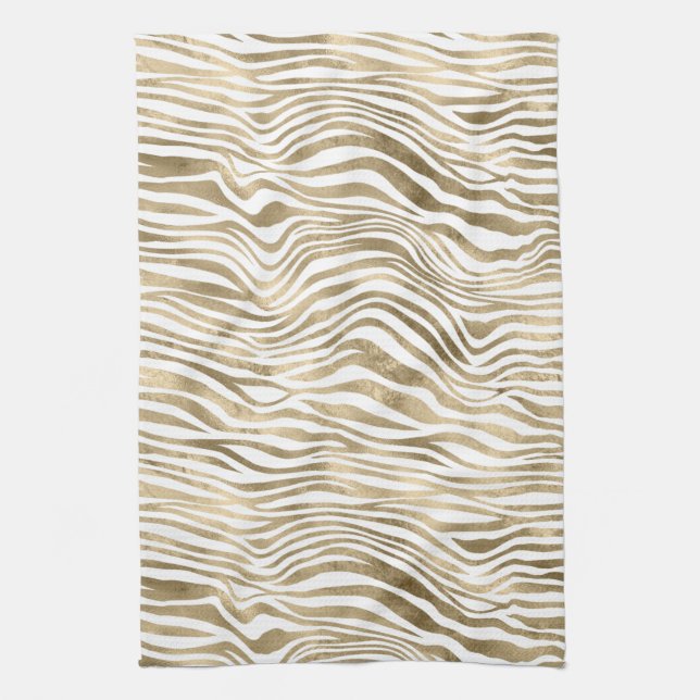 Pretty Gold White Zebra Print        Tea Towel (Vertical)