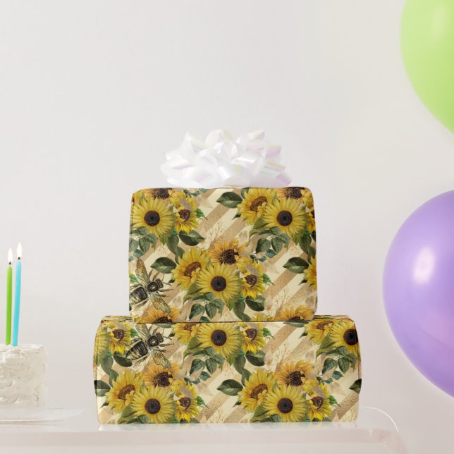 Pretty Gold Yellow Sunflower Bouquet Stripe Bees Wrapping Paper (Party Gifts)